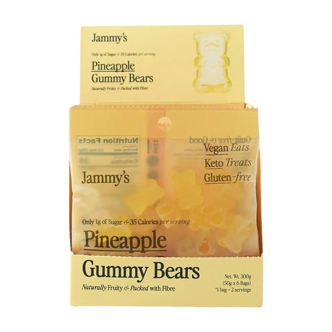 Jammy's™ - Pineapple Gummy Bears | Sugar-Free & Vegan-Friendly | Keto-Friendly, Gluten-Free, Low Carb, High Fibre & Naturally Fruity | Delicious, Soft & Chewy | Box of 6 x 50g Bags