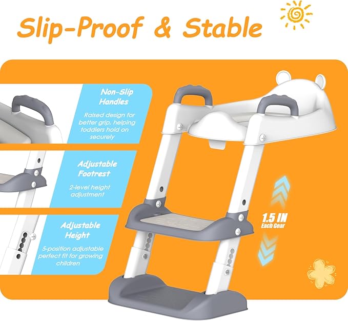 HBTower Potty Training Seat with Step Stool Ladder for Toddlers, Adjustable Kids Toilet Seat with Splash Guard, Anti-Slip Pads & Safety Handles, Comfortable Potty Chair for Boys & Girls (Grey)