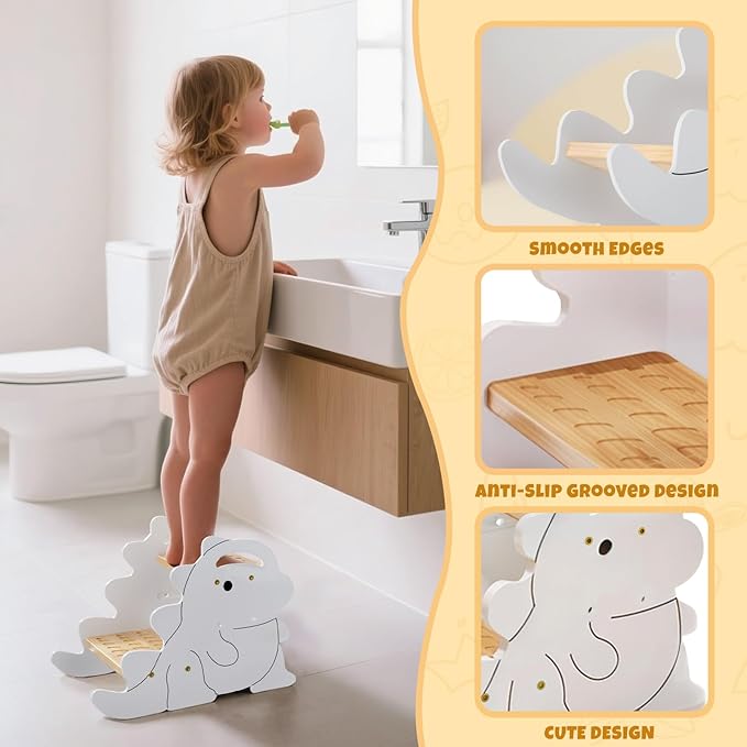 COSYLAND Height Adjustable Kids Step Stools - Supports Up to 220 LBS Wooden Step Stool for Toddlers, Portable Stepping Stools with Handle for Kitchen, Bathroom (Natural & White)