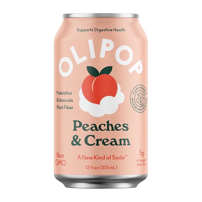 OLIPOP Prebiotic Soda Pop, Peaches & Cream, A New Kind of Soda Packed with Prebiotics, Fiber, and Botanicals, Gluten Free, Vegan, GMO Free, 12oz (12-Cans)