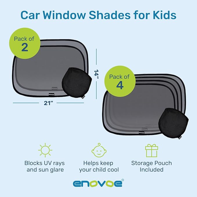 Enovoe Car Window Shades for Baby (4 Pack) - 21"x14" - Sun Shade Blocker, Cling - Glare Shield and UV Rays Protection for Your Child - Side Windows Screens for SUV- Mesh Window Shades for Car Baby