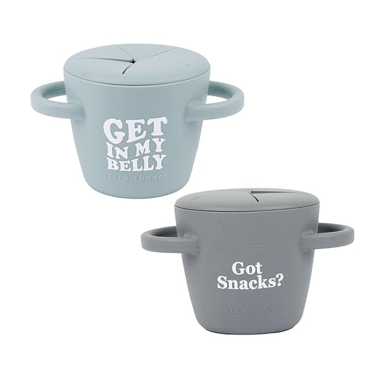 Bella Tunno Snack Cups for Toddlers, Set of 2 Silicone Spill Proof Food Containers with Lids, Babies & Kids 6-12 Months, Got Snacks & Get in my Belly