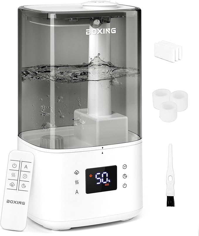 BOXING 6L Warm & Cool Mist Humidifiers for Bedroom, Air Humidfier for Large Room with Remote Control, Auto Mode Perfect for Baby & Plants, Top Fill, Sleep Mode, Timer, Essential Oil Tray, 60H
