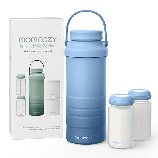 Momcozy 22oz Portable Breast Milk Cooler for Outdoor, Life Saver with 360° Total Cooling for 24 Hours, Larger Capacity Travel Breastmilk Chiller with 2pcs Baby Bottles for Breastmilk Storage, Blue