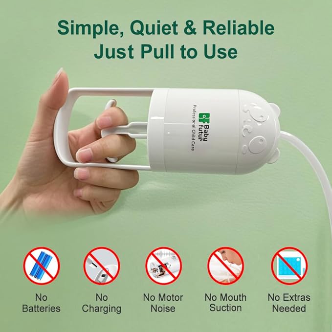 Nasal Aspirator for Baby – Manual Push-Pull Control, Quiet Strong Suction, No Battery Needed – Gentle & Hygienic Nose Sucker with Storage Box & Booger Clip