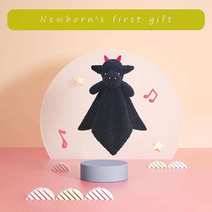 Baby Black Dragon Soft Stuffed Animal Security Blanket, Plush Dinosaur Character Lovey Blanket, Baby Shower/Nursery Gift, Newborn Infant Toddler Snuggle Blankie for Boys Girls, 14 Inches