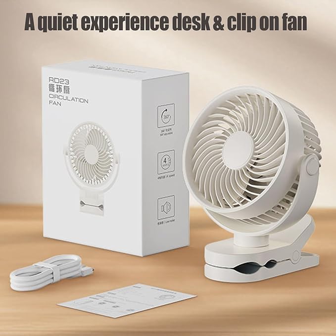 Personal Clip on Fan 2000mAh Battery Operated, Type-C 4 Speed Max 8.5 Hrs 360° adjustment Clip fan, Small Portable Fan for Office, Bedroom, Desk, dormitory, Camping, Stroller, Golf Cart - White