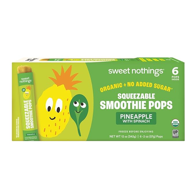 Sweet Nothings, Pineapple, USDA Organic Kids' Squeezable Fruit Smoothie Popsicle Pops, Value Pack of 24 - Dye-Free, No Added Sugar, Dairy-Free, Vegan, Organic Fruit and Veggie Pops, Freeze & Enjoy