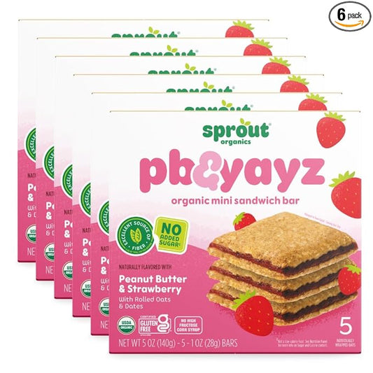 Sprout Organics, PB & Yayz Toddler Snack Bars, Peanut Butter & Strawberry, 5 Individual Bars 1.02 oz Each (6-boxes)