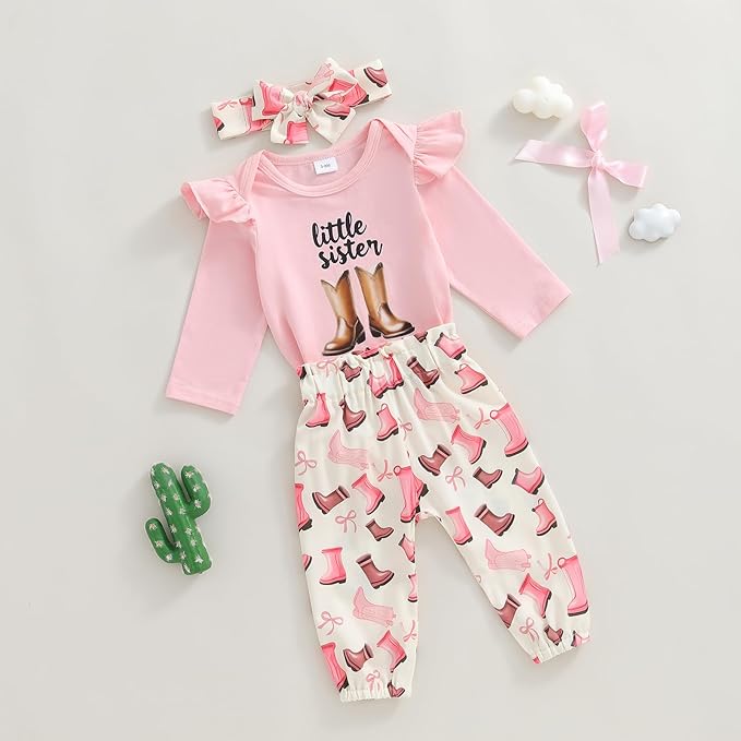 Fernvia Western Newborn Baby Girl Clothes Long Sleeve Letter Print Romper Animal Print Pants Headband 3Pcs Outfits Sets