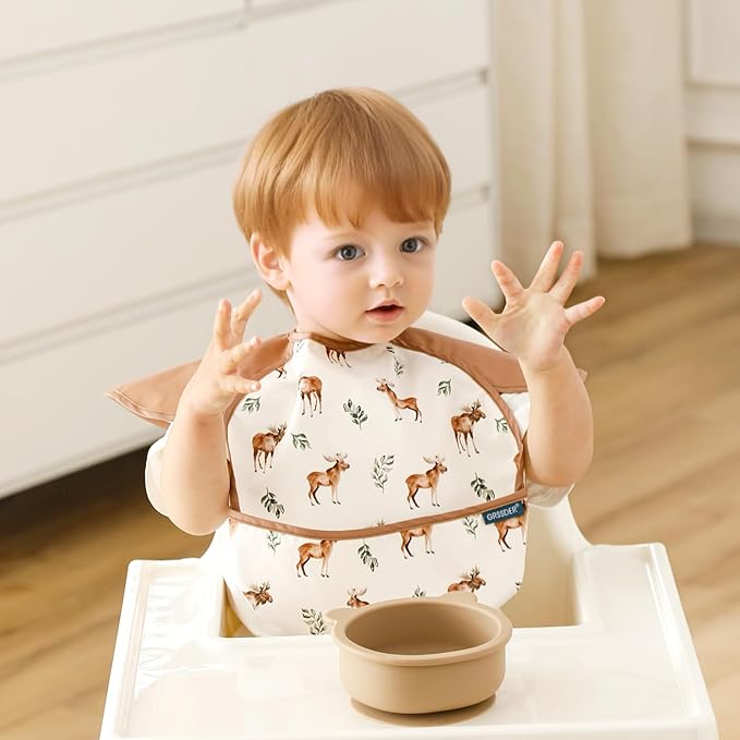 GRSSDER 3-pack Mess Proof Baby Feeding Bibs with Food Catcher Pocket, Soft Lightweight Waterproof Fabric Material with Zero Plastic-like Feel, Adjustable and Easy Clean Toddler Bibs for 6-36 Months