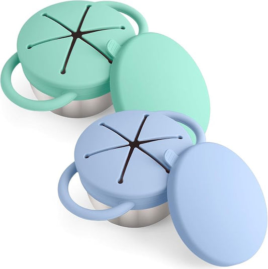 Mity rain 2-Pack Stainless Steel Snack Containers for Kids with Spill-Proof Silicone Lids & Handles - 3-in-1 Baby Snack Cups, No-Spill Toddler Snack Box, Perfect for On-the-Go Healthy Eating