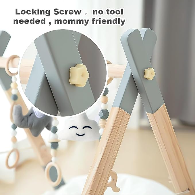 Wooden Baby Play Gym Foldable Gym Frame Activity Gym Hanging Bar with 5 Toys Natural for Newborn Baby (Foldable Grey)