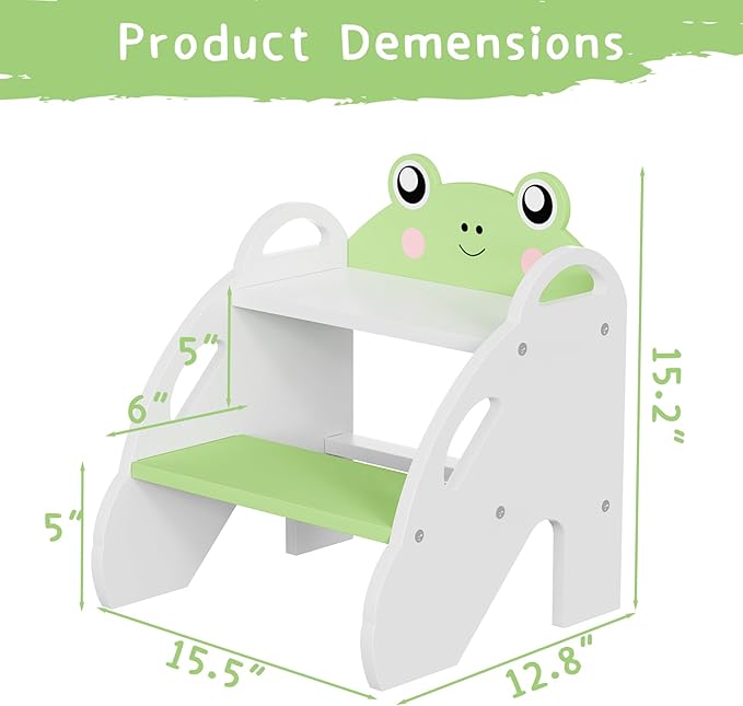 Frog-Themed Toddler Step Stool, 2-Step Stool for Bathroom Sink & Potty Training, Kids Kitchen Helper Stool with Safety Handles (Natural Wood, 120lbs Capacity)(Green)
