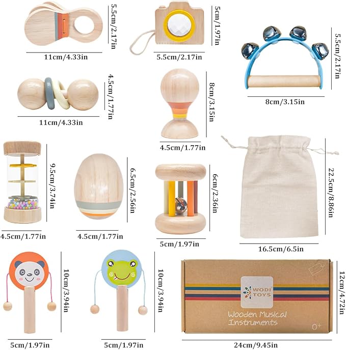 10 PCS Wooden Baby Toys Set-Organic Infant Rattles Newborns 0-6 Month & Montessori-Inspired Musical Instruments for 0-12 Month - Natural Toddler Developmental Toys