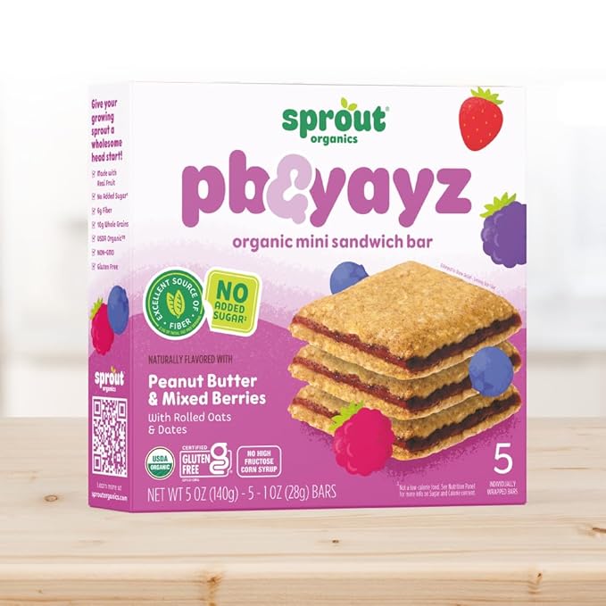Sprout Organics, PB & Yayz Toddler Snack Bars, Mixed Berry & Peanut Butter, 5 Individual Bars 1 oz Each (6-boxes)