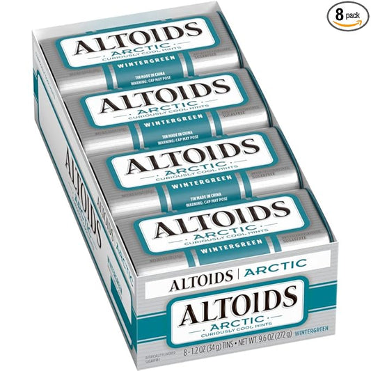 ALTOIDS Arctic Wintergreen Breath Mints Sugar Free Hard Candy Bulk, 1.2 oz Tin (8 Pack)