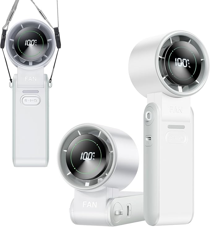 3-in-1 Portable Handheld Turbo Fan-100 Speeds, 13500 RPM, 12Hrs Cooling, Digital Display, 120° Rotation, USB Rechargeable Mini Hand Held Personal Fan for Travel, Makeup, Outdoor, Indoor (White)