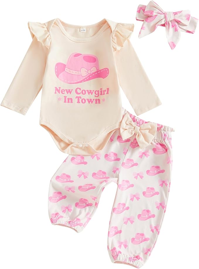 Fernvia Western Newborn Baby Girl Clothes Long Sleeve Letter Print Romper Animal Print Pants Headband 3Pcs Outfits Sets