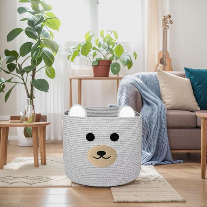 Bear Laundry Baskets Laundry Hamper Storage Baskets with Handles,Decorative Basket for Living room,Woven Storage Basket for Toys Bin Pillows Blankets Clothes (Grey)