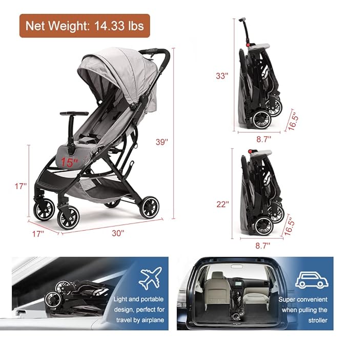 COOL KIDS Portable Stroller with Automatic Fold，Lightweight Umbrella Stroller with Pop Out Sun Canopy for Travel(Gray)