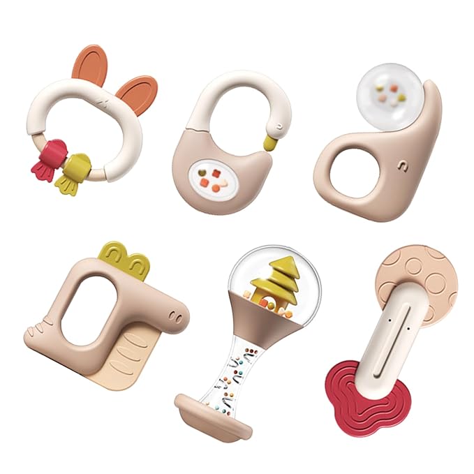 6 Pieces - Teething Toys for 0-6 Months, Rattle Newborn Toys With Bells, Grab Shaker, Teethers 0-3-6-12 Months, Baby Rattles 0-3 Months Gifts for Boys & Girls