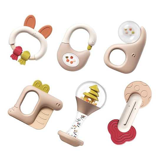 6 Pieces - Teething Toys for 0-6 Months, Rattle Newborn Toys With Bells, Grab Shaker, Teethers 0-3-6-12 Months, Baby Rattles 0-3 Months Gifts for Boys & Girls
