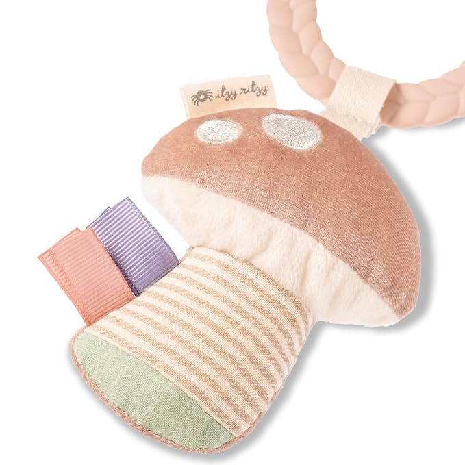Itzy Ritzy Teething Activity Toy - Bitzy Busy Ring Features Braided Teething Ring and Dangling Toys; Includes Teether, Textured Ribbons, Crinkle Sound & Jingle Bell, Bunny RNG8497