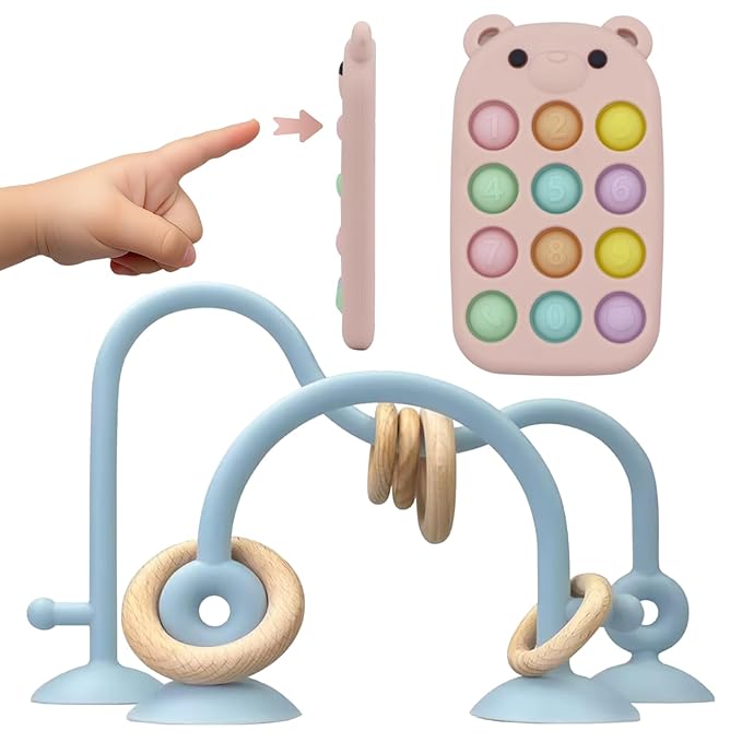 High Chair Suction Toys Baby Teething Chew - Baby Teething Toys Silicone Teethers Table Toys, Food Grade Silicon for 6 12 18 Months (BeigeRPink)