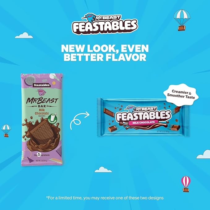 Feastables MrBeast Combo Pack, King Size Milk Chocolate & Milk Crunch Bars, 10 Each, Candy Bars for Adults & Kids, Candy Bar for Snacks, Gifts, or Dessert, Fairtrade Cocoa, 2.1 Oz Each, 20 Count