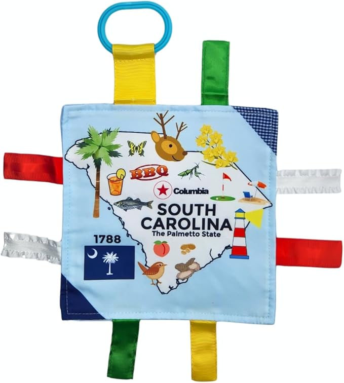 Baby Jack & Co 8x8” Learning Lovey South Carolina State Tag Stroller Toy for Babies - Crinkle Toys for Developing Five Senses - Learn About Capitals - Travel with Baby Jack - BPA Free Clip