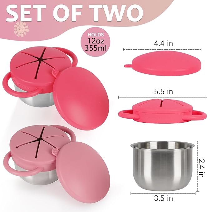 2 Pack 304 Stainless Steel Snack Cups for Toddlers, Snack Containers with Spill-Proof Silicone Travel Lid & Handle, Dishwasher Safe, Removable Snack Catcher for Baby, Toddler