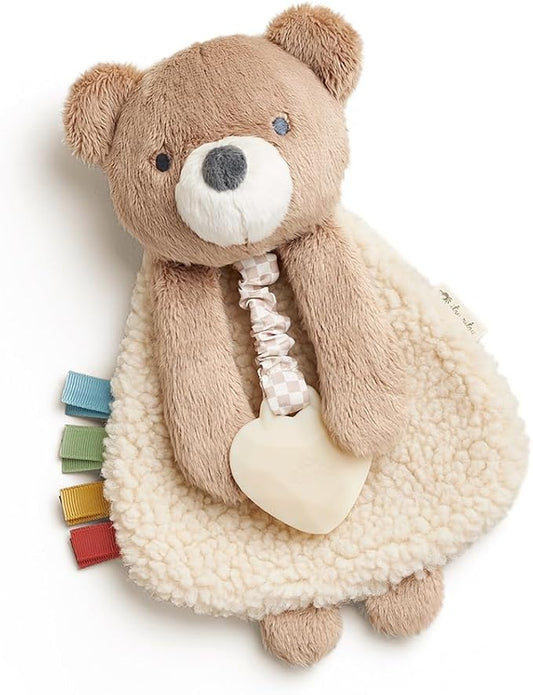 Itzy Ritzy - Itzy Lovey Including Teether - Baby Lovey with Teether, Textured Ribbons & Dangle Arms - Features Crinkle Sound, Sherpa Fabric and Minky Plush (Bear)