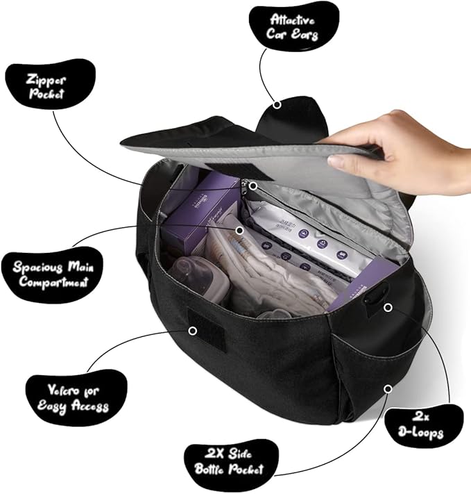 SUNVENO Kitty Stroller Organizer Bag – Universal Baby Stroller Caddy with 2 Cup Holders, Adjustable Straps, Waterproof Oxford, Lightweight Travel Accessory for Strollers, Prams & Pushchairs,Black