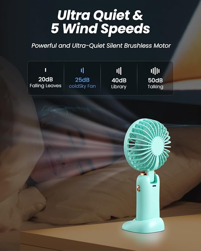 Portable Handheld Fan, 4000mAh Battery Operated Fan with LED Display, Handheld/Neck/Desk 3 in 1 Personal Small Fans, 90° Foldable Desk Fan with Base, 5 Speed Makeup Lash Fan for Women Green