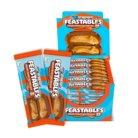 Feastables Mrbeast Peanut Butter Cups, Milk Chocolate & Creamy Peanut Butter Filling, Cups for Adults & Kids, Chocolate Candy for Snacks, Gifts, or Dessert, Made With Fairtrade Cocoa, 2 Pack, 24 Count