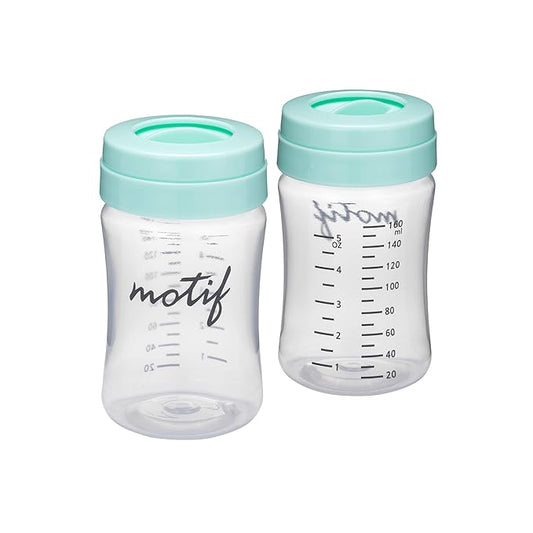 Motif Medical Breast Milk Storage Bottles for Luna Breast Pump - Durable Plastic Breastfeeding Essentials w/Locking Rings, Lids & Nipple Caps - Breast Milk Container (Set of 2, 160 ml)