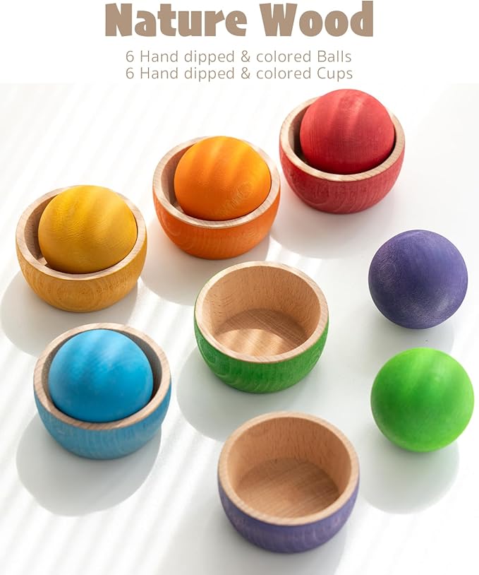 Ball in Cup Toddler Montessori Color Sorting Toy Wooden Ball Toy Learning Color and Matching for Kids with 6 Toddler Safe Balls and Cups