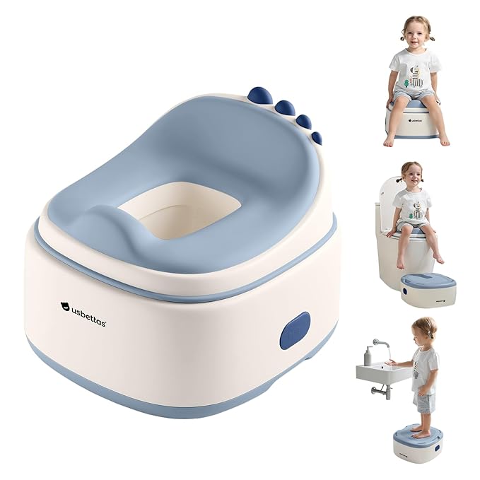 3 in 1 Potty Training Toilet, Dinosaur Toddler Potty Training Seat for Boys Girls with Comfortable Cushion, Easy-to-Clean and Anti-Slip Potty Training Step Stool for Toilet (Blue)