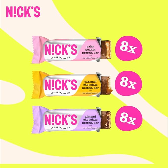 Nick’s Variety Protein Bars – 24-Count Box |Salty Peanut, Caramel and Almond Chocolate, High Protein, Low Calories, Low Carbs, Keto Friendly, No Added Sugar