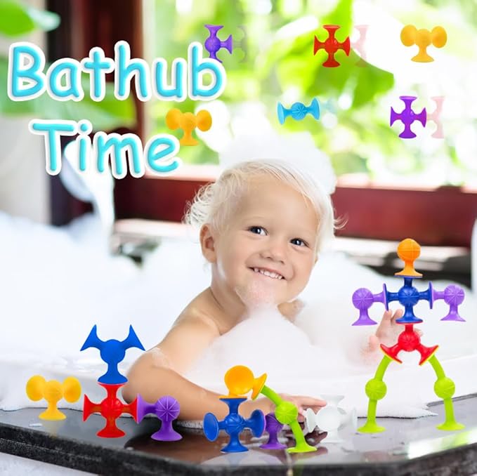 48 Piece Suction Cup Bath Toys for Kids Ages 3+, Sensory Toys for Autistic Children, Travel Window Stem Learning, Bathtub with Storage