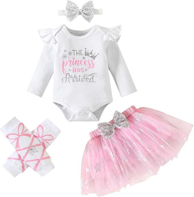 Newborn Baby Girl Outfits Infant Letter Print Romper+Tutu Skirt+Headband+Legging Warmer Coming Home Clothes Set