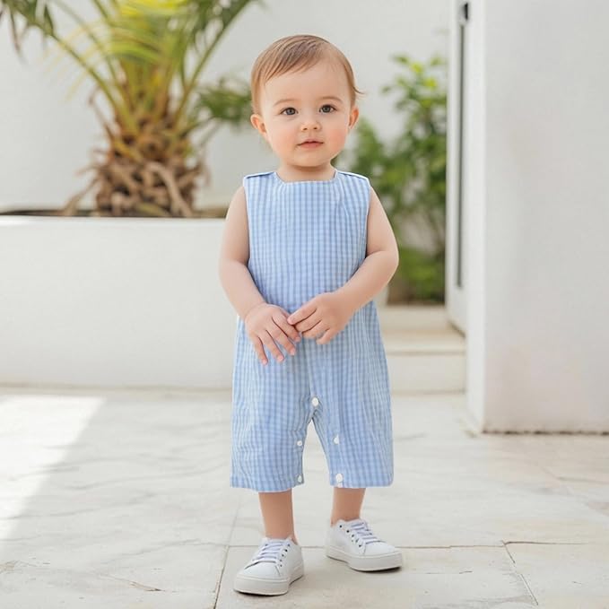 Baby Boy Summer Clothes Sleeveless Retro Plaid Romper Overalls Jumpsuit Shortalls Playsuit Outfits