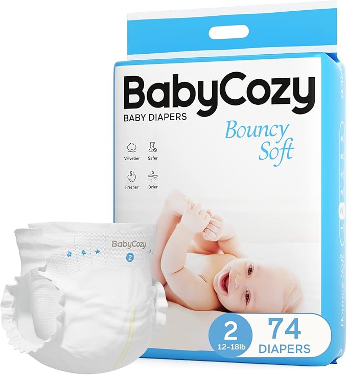 Newborn Baby Diapers Size 2(12-18lb) 74 Count Babycozy Bouncy Soft Diapers Hypoallergenic, Dry Disposable Diapers with Softer Touch 0.8D Diaper &10 Micron Velvet Fiber to Protect Sensitive Infant Skin