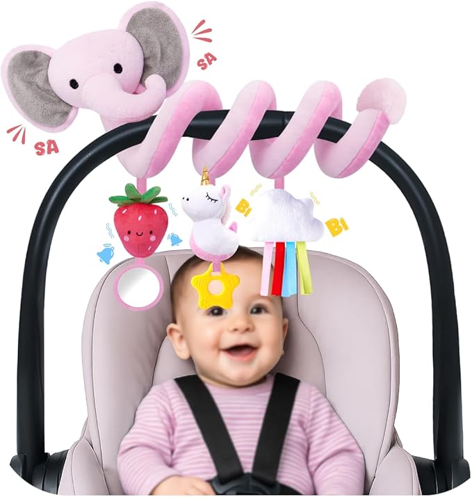 Spiral Car Seat Toys for Baby Girls 0-6 Months, Perfect Newborn Gifts for Girls Essentials, Cute Pink Elephant Strawberry Hanging Plush Items