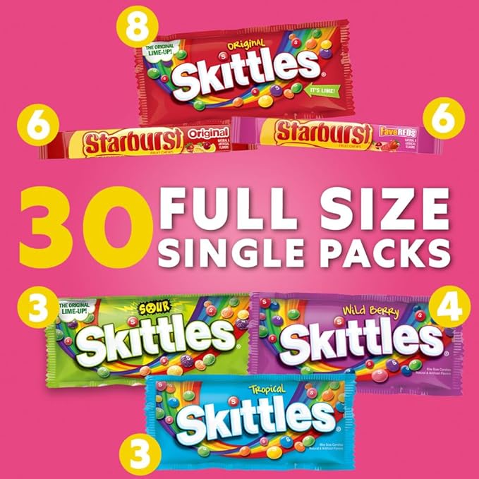 SKITTLES & STARBURST Assorted Candy Variety Pack for Holidays, Candy Assortment, Party Favors, 62.79 oz (30 Count) Bulk Box