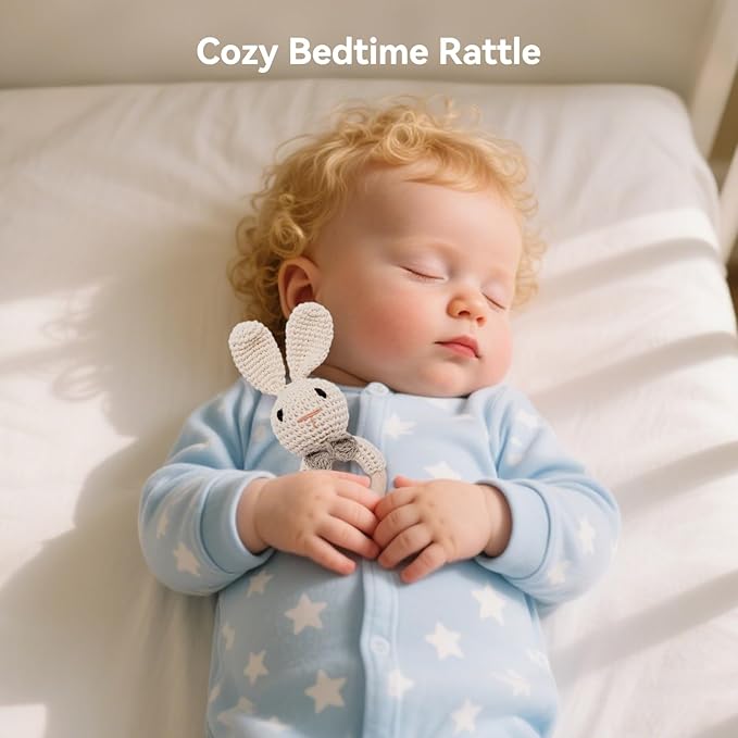 Crochet Baby Rattle, Baby Shaker Toy, Baby Rattles 0-6 Months, Handmade Newborn Toys, Easter Bunny Rattle, Animal Baby Rattle，Knitted Stuffed Animals Gifts for Boys and girs Bunny Rattle