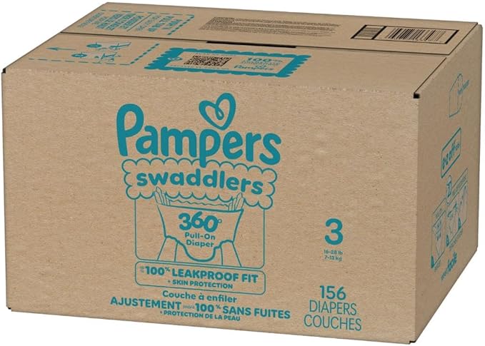 Pampers Diapers - Swaddlers 360° - Size 3, 156 Count, up to 100% Leakproof Comfy Dry Fit, Designed for Easy Changes, Pull On Baby Diaper (Packaging May Vary)