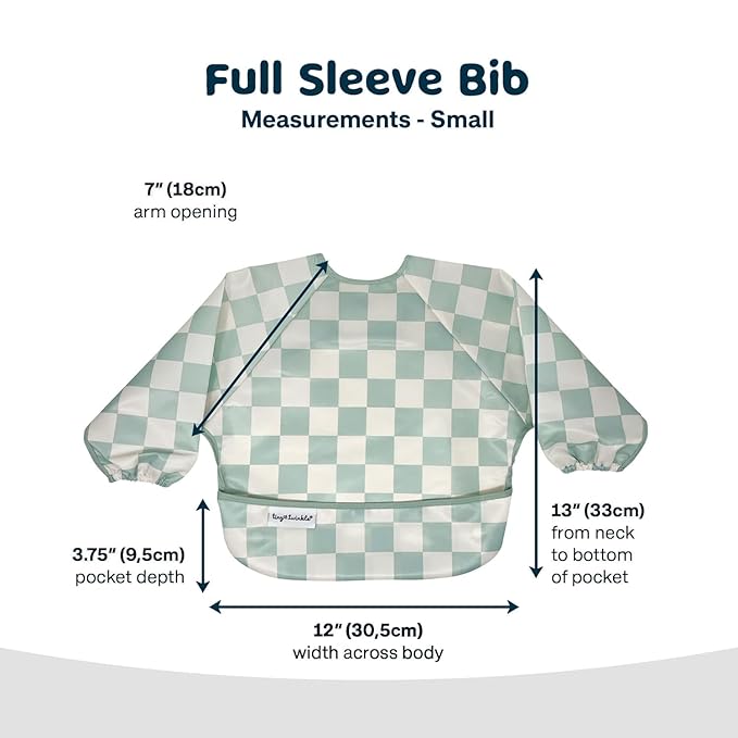 Tiny Twinkle Mess Proof Baby Bibs, 2pk Waterproof Smock Baby Bibs for Eating, Machine Washable Long Sleeve Bibs, Baby Led Weaning, Toddler Bibs, BLW Supplies (Black,Sage Checkers, Small 6-24 Months)