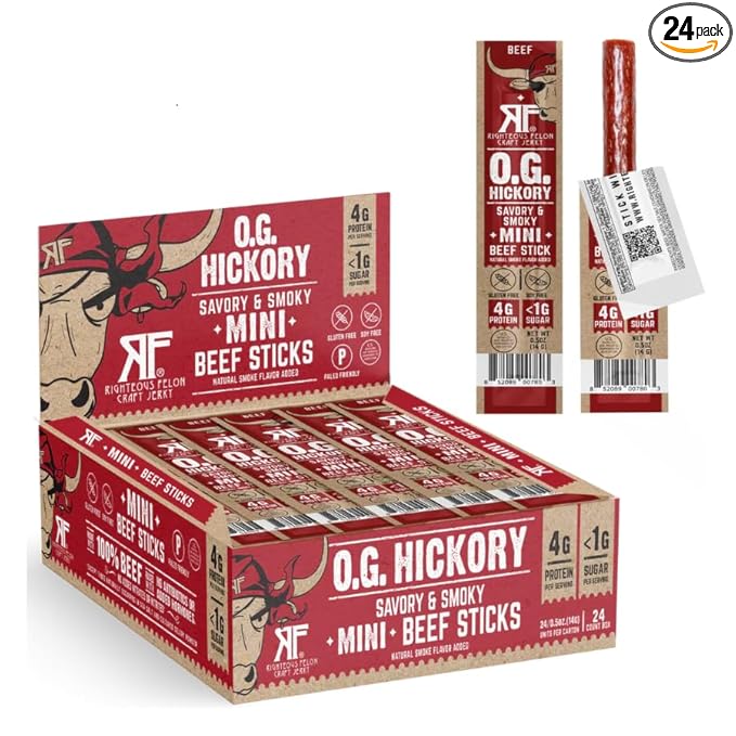Righteous Felon Meat Sticks Minis | 100% Beef Sticks | Gluten Free Meat Sticks | Low Sugar & High Protein Beef Sticks | Healthy Snacks for Kids & Adults | Jerky Gifts for Men | OG Hickory, 24 Ct
